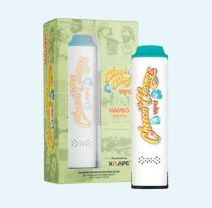 Sentence with product name: Cheech & Chong’s MAMBO Dry Herb Vape packaging and herb stick vaporizer with a colorful design labeled "cheech & chong's mambo" from xvape, featuring images and text related to the brand on a light background.