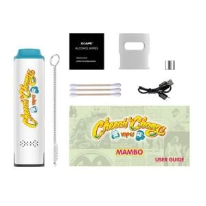 An assortment of Cheech & Chong’s MAMBO Dry Herb Vape accessories laid out on a white background, including the cylindrical vape device, alcohol wipes, charging cables, metallic part, and user guide with colorful branding.